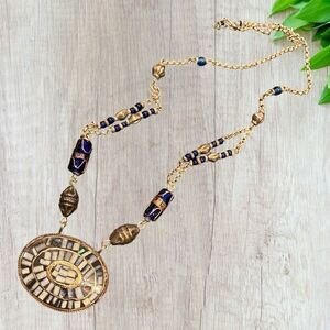 Mosaic Brass Pendant Necklace Glass Beads Vintage